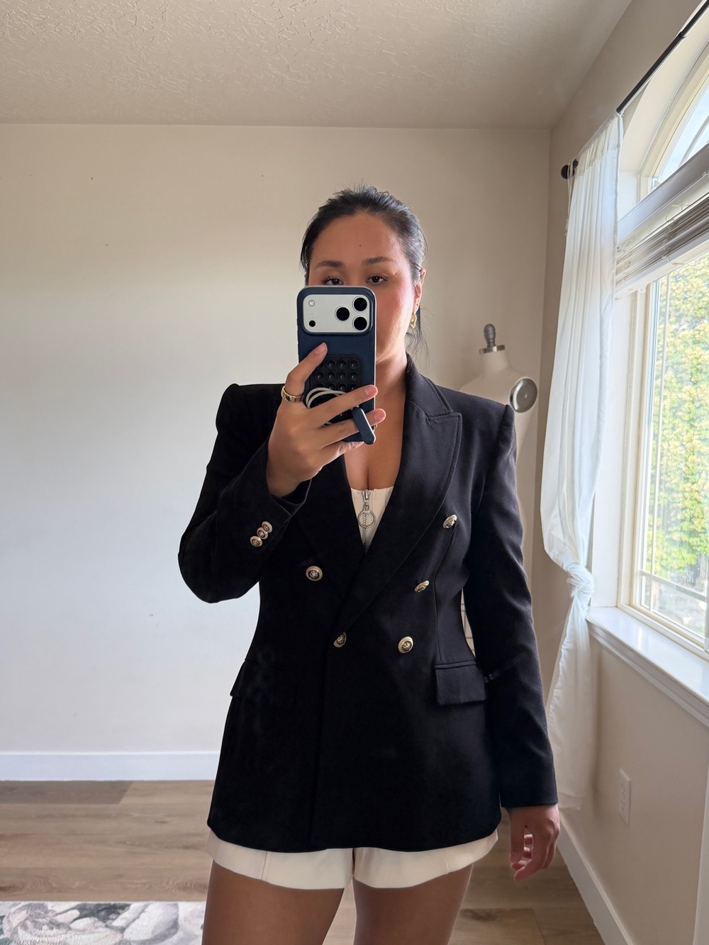 Zara Longline Black Blazer | Military Double Breasted | Gold Buttons | Size L